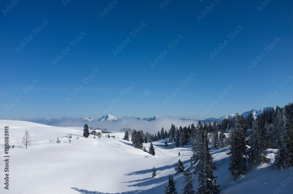 Snow covered winter landscape on mount Dobratsch in Villach, Austria