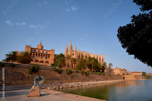 Spain Palma de Mallorca historic city center with view of the gothic Cathedral La Seu. Balearic islands. photo