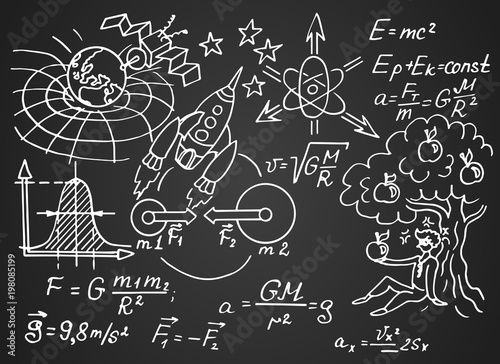The law of force of gravity. Physical equations, formulas and schemes on blackboard. Vector hand-drawn illustration. Vintage scientific and educational background.