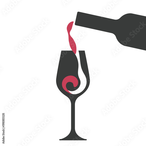 Filling a glass of red wine, wine glass and wine bottle vector silhouettes.