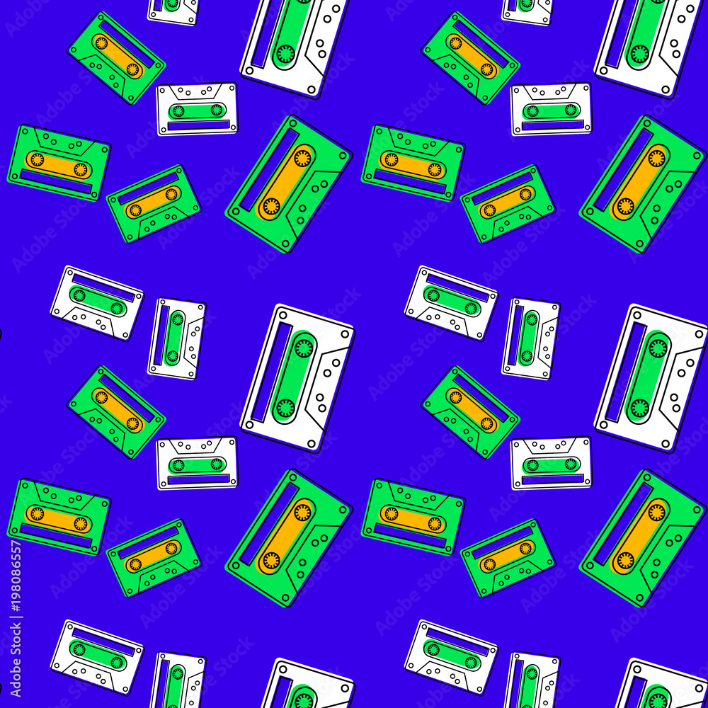 Fototapeta premium Cassette tape falling seamless pattern. Authentic design for digital and print media.
