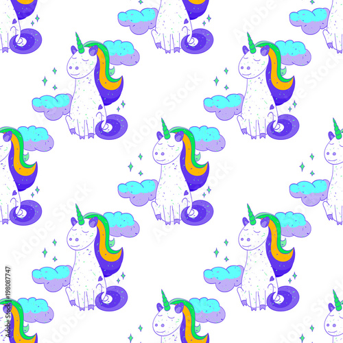 Fairytale unicorn seamless pattern. Cartoon style pattern design.