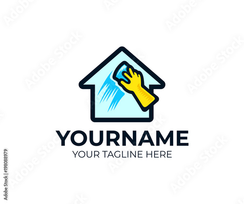 House cleaning service and hand washing window logo template. House clean and hand in rubber gloves with a sponge vector design. House cleanup illustration
