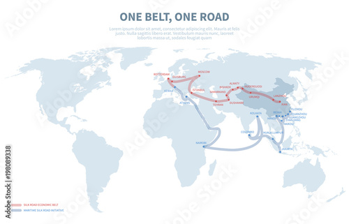 Asia and Europe international transit way. Chinese transport new silk road. Export and import path globe map vector illustration