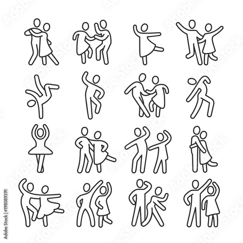 Happy dancing woman and man couple icons. Disco dance lifestyle vector pictograms