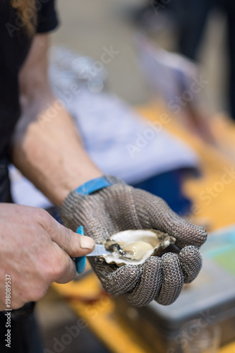 Bild auf Leinwand Hand in metal cut resistant glove is opening an oyster with a special knife on a fish market