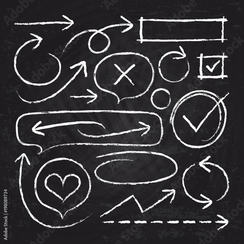 Hand drawn white chalk arrows, circle frames and sketch graphic elements isolated on blackboard vector set