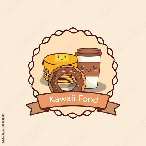 kawaii food design over decorative frame and ribbon and white  background, colorful design. vector illustration