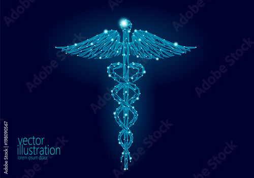 Medical Caduceus symbol low poly modern design. Innovation technology medicine future center polygon triangle blue glowing sign. Snake and wings abstract vector illustration dark background