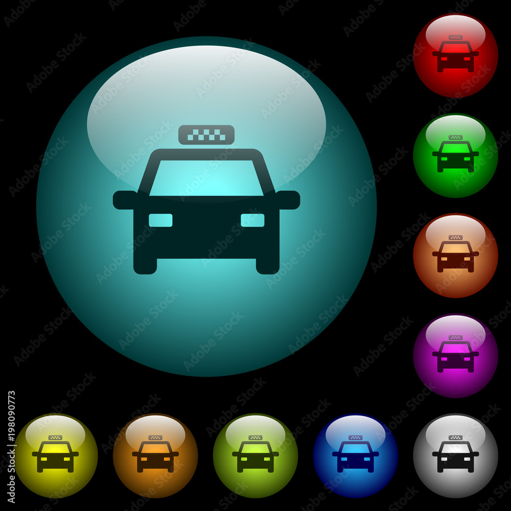 Taxi car icons in color illuminated glass buttons Taxi car icons in color illuminated glass buttons