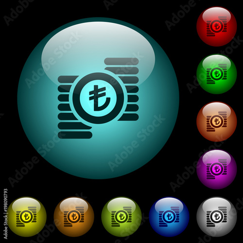 Turkish Lira coins icons in color illuminated glass buttons