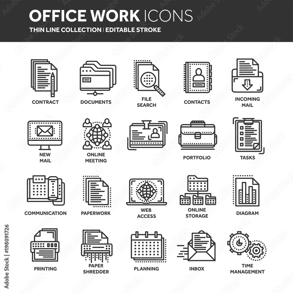 Business and office work. Documents, paperwork. Businessman. Thin line black web icon set. Outline icons collection. Vector illustration. Business and office work. Documents, paperwork. Businessman. Thin line black web icon set. Outline icons collection. Vector illustration.