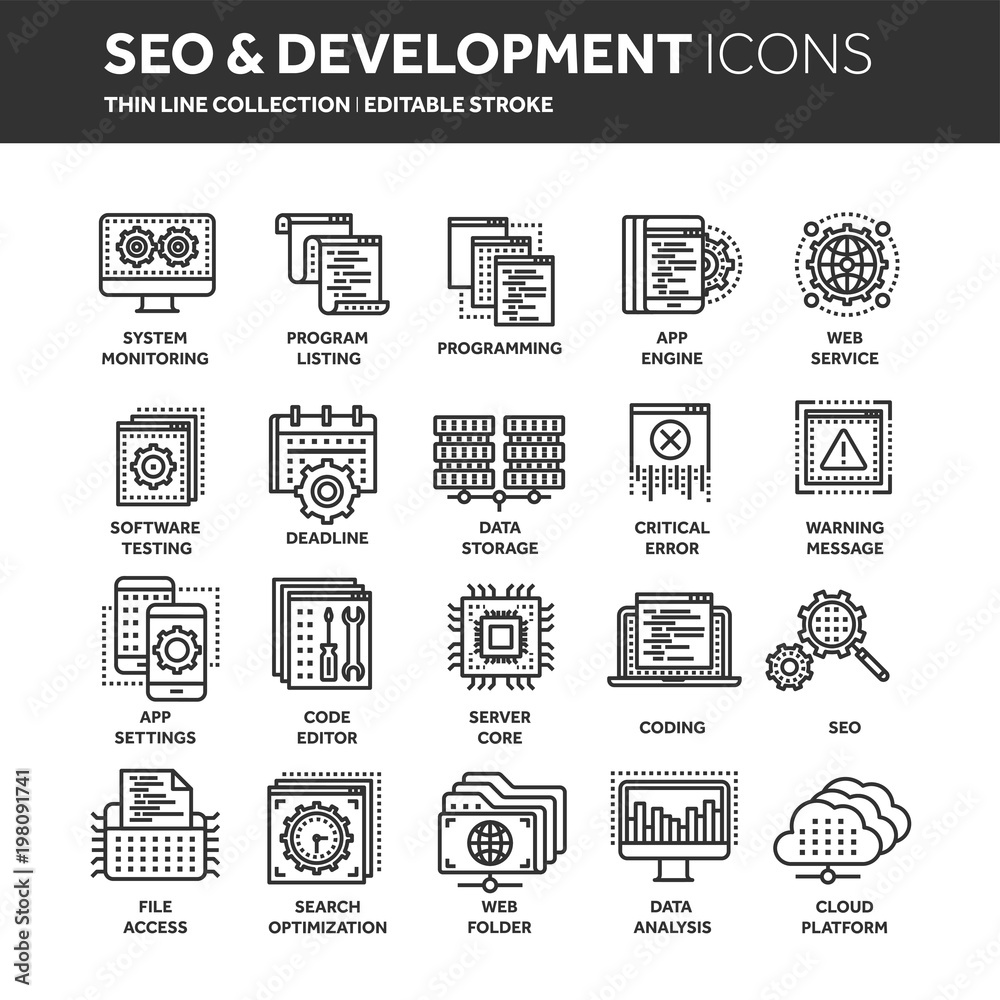 Seo and app development. Search engine optimization. Internet, e-commerce.Thin line black web icon set. Outline icons collection. Vector illustration.