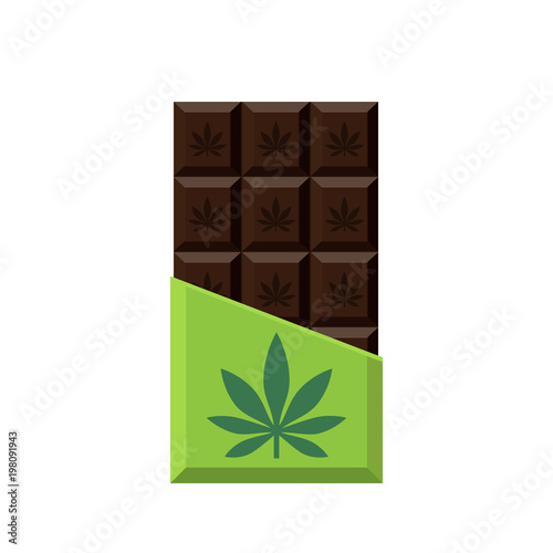 Chocolate Bar with marijuana leaf. Narcotic sweets. Isolated vector illustration on white background.