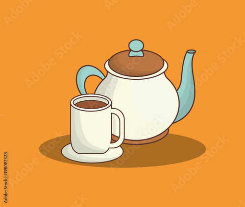 tea pot and coffee mug over orange background, colorful design. vector illustration