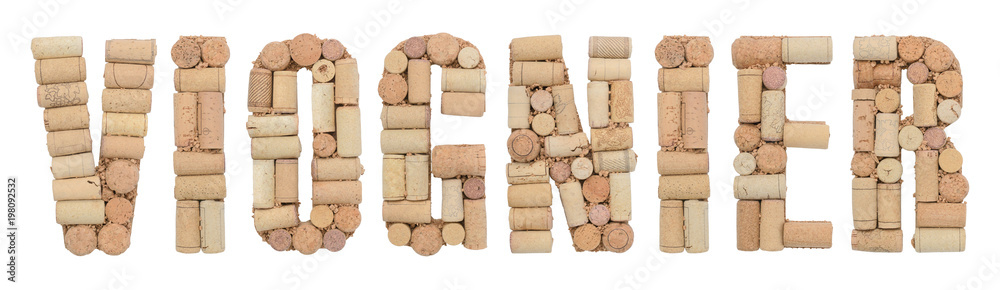 Grape variety Viognier made of wine corks Isolated on white background Grape variety Viognier made of wine corks Isolated on white background