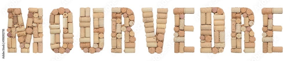 Grape variety Mourvedre made of wine corks Isolated on white background