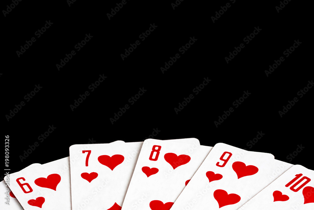 poker. gambling success. winning of cards, straight flush. copy space for text.