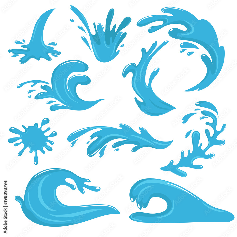 Water drops and blue splashes isolated on white vector set Water drops and blue splashes isolated on white vector set