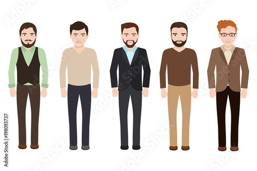 Adult man dressed in business and casual clothes. Vector male characters isolated on white background