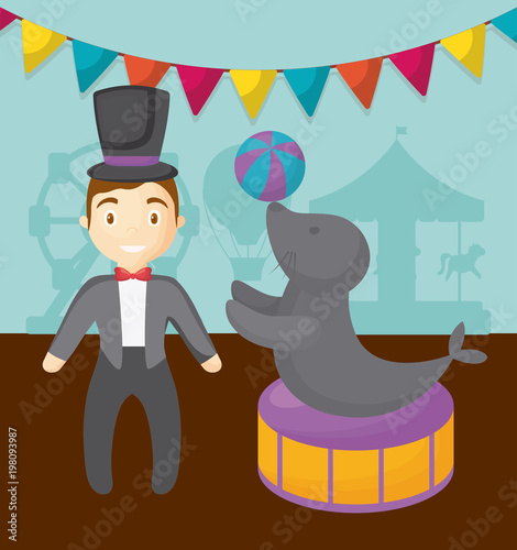 Carnival circus design with announcer man and circus seal over blue background, colorful design vector illustration