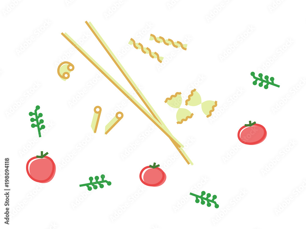 Italian pasta icons set. Fusilli, farfalle, penne rigate, pipe rigate, spaghetti, tomatoes, herbs. Isolated line art style illustration on white background. Italian pasta icons set. Fusilli, farfalle, penne rigate, pipe rigate, spaghetti, tomatoes, herbs. Isolated line art style illustration on white background.