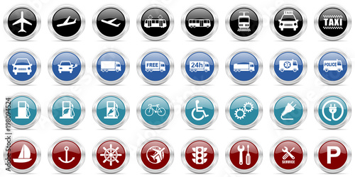 Transport silver metallic vector icons. Set of travel and vehicles buttons.