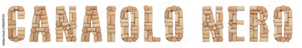 Grape variety Canaiolo Nero made of wine corks Isolated on white background