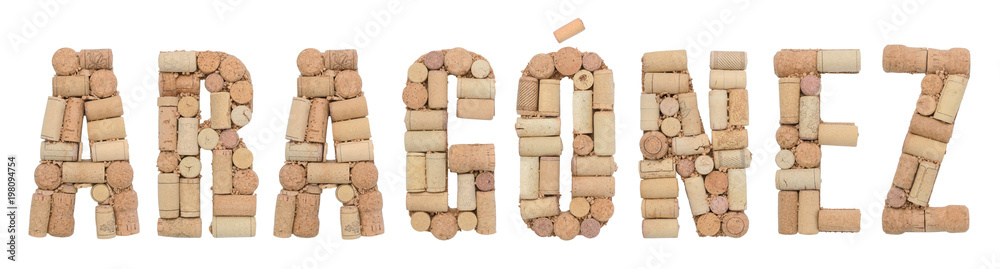 Grape variety Aragónez made of wine corks Isolated on white background