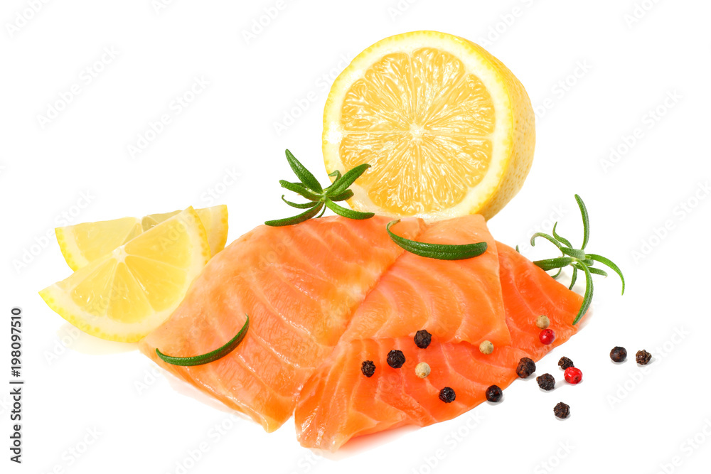 Red fish. Raw salmon fillet with rosemary isolate on white background Red fish. Raw salmon fillet with rosemary isolate on white background