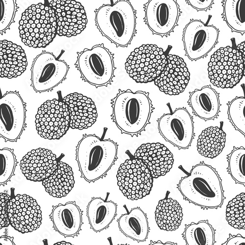 Seamless nature pattern with sketch of fruit. Black and white vector background with lychee. Tropical food.