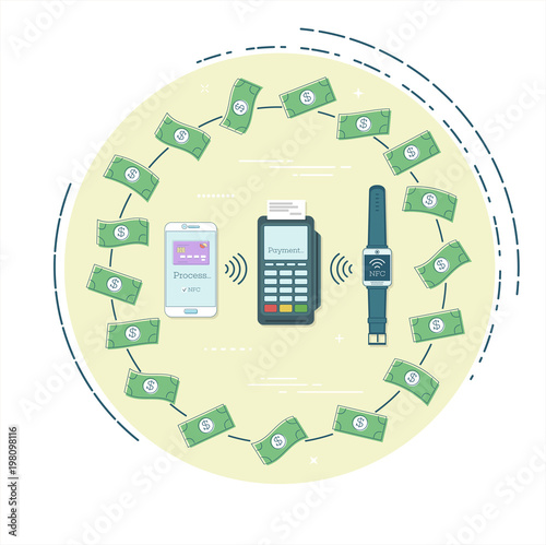 NFC banking service concept in line art style