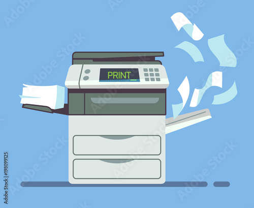 Professional office copier, multifunction printer printing paper documents isolated vector illustration