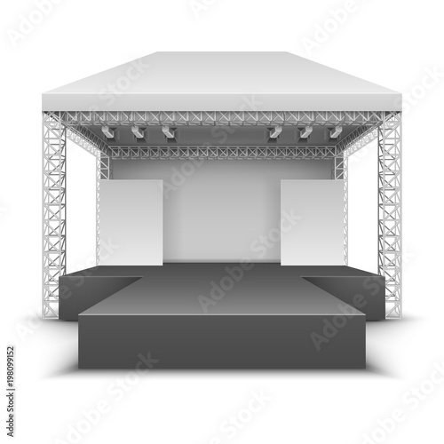 Outdoor music festival stage. Rock concert scene with spotlights isolated vector illustration