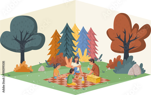 Cartoon family having picnic in the park on a sunny day. Nature background.  