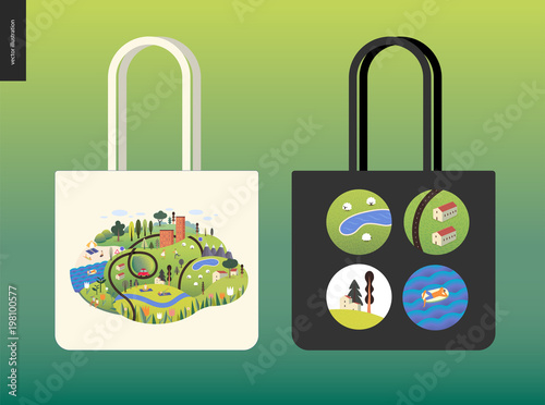 Magical summer landcape - green island with lake, hills, roads, cars, houses and trees, with mountains and clouds above and flowers on foreground. Sheep and resting and doing sport people. A tote bag
