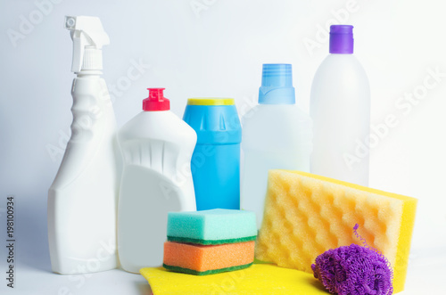 Cleaners on an isolated white background, housekeeping , supplies, concept of cleanliness