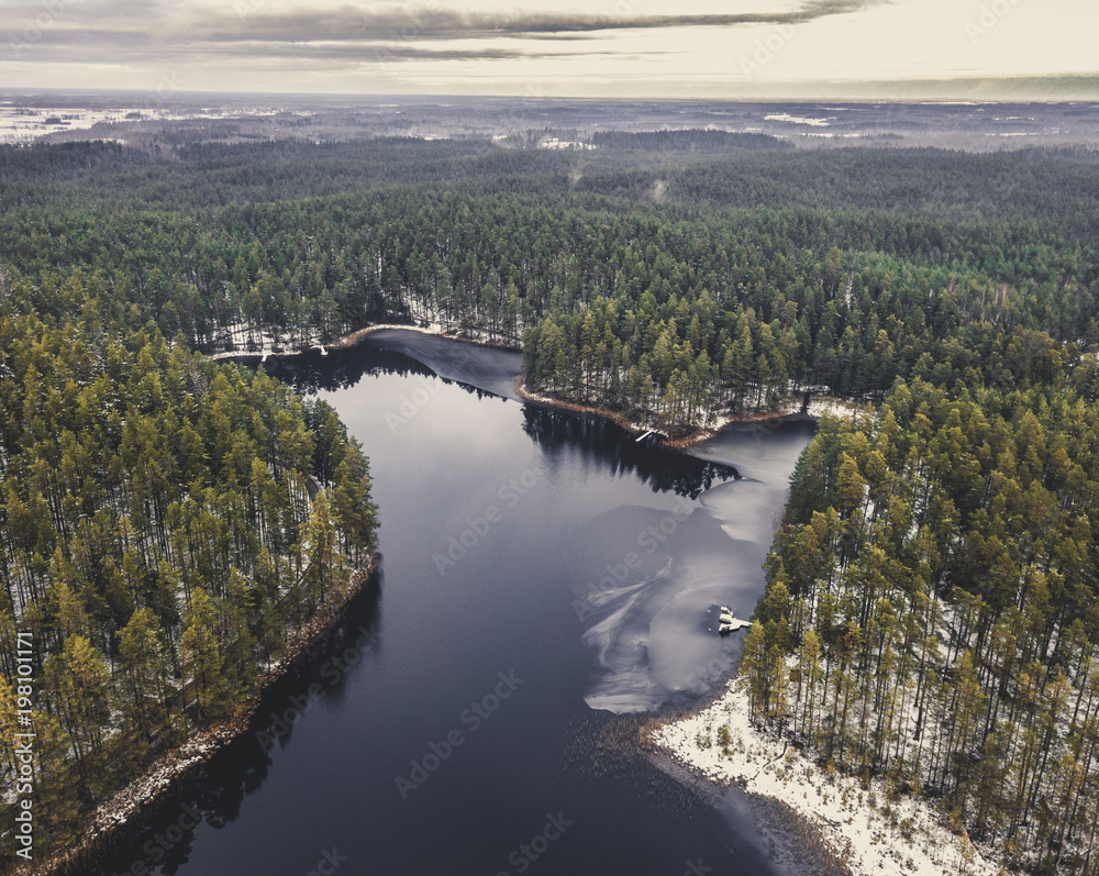 Aerial photography of lake in winter - vintage look edit