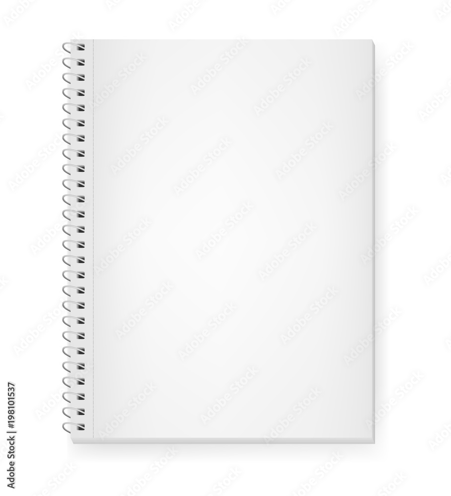 Realistic vector image of a notepad, top view. White sheets of paper. White sheets of a notebook fastened by a light silvery spiral. Isolated on white, 3d. Vector EPS 10 illustration.