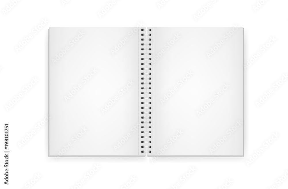 Realistic vector image of an open notepad, top view. White sheets of paper. White sheets of a notebook fastened by a light silvery spiral. Isolated on white, 3d. Vector EPS 10 illustration. Realistic vector image of an open notepad, top view. White sheets of paper. White sheets of a notebook fastened by a light silvery spiral. Isolated on white, 3d. Vector EPS 10 illustration.