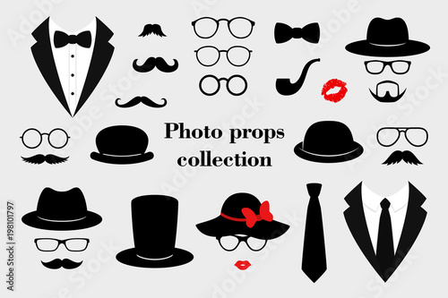 Photo props collections. Retro party set with glasses, mustache, beard, hats, texedo and lips. Vector