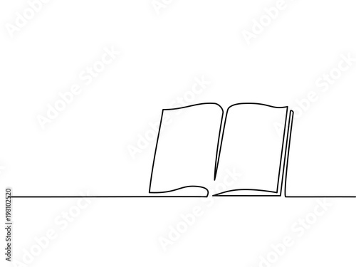 Opened book with pages isolated on white. Continuous line drawing. Vector illustration