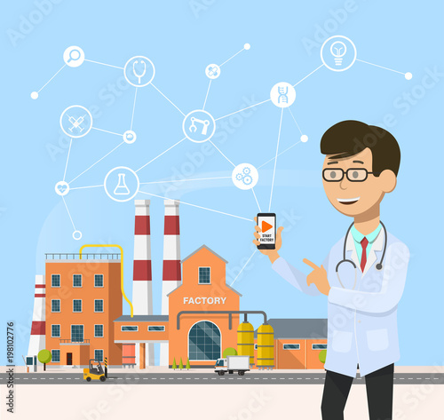 Smart industrial 4.0 . Industry revolution in medicine vector illustration. Engineer doctor manage the plant with smartphone flat design