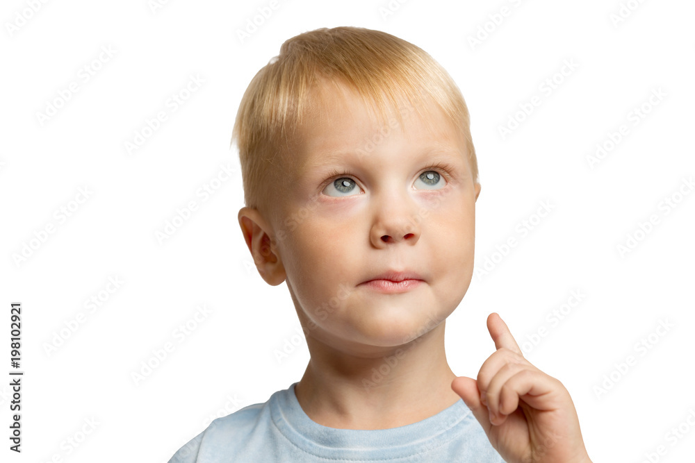 Fototapeta premium Cute little boy with an index finger up