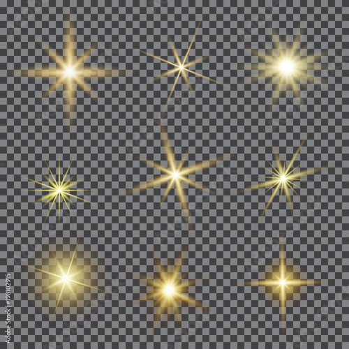 Vector set of glare lighting, twinkle lens flares.