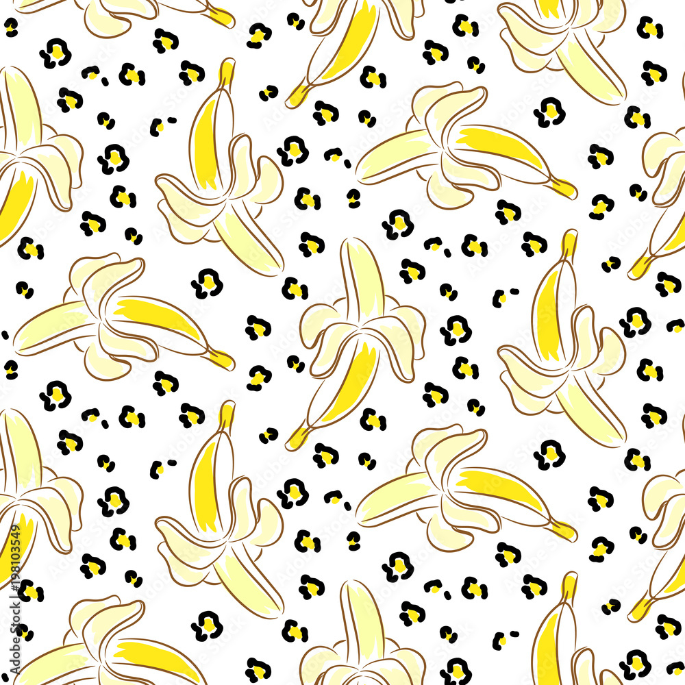 Banana and leopard skin vector seamless eclectic pattern.