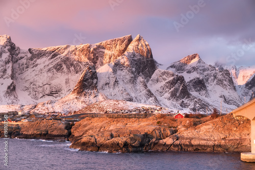 Mountains in the Lofoten islands bay. Natural landscape during sunrise © biletskiyevgeniy.com