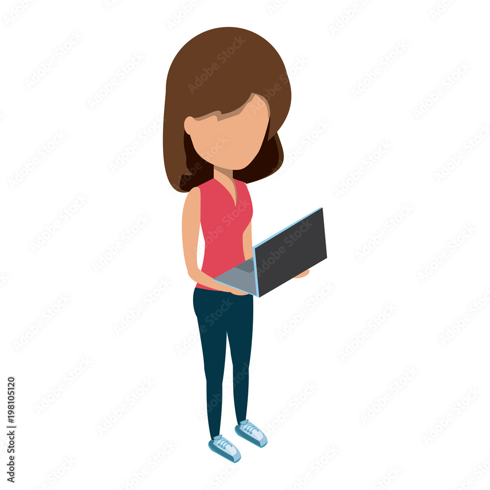 avatar woman standing and using a laptop computer over white background, colorful design. vector illustration avatar woman standing and using a laptop computer over white background, colorful design. vector illustration