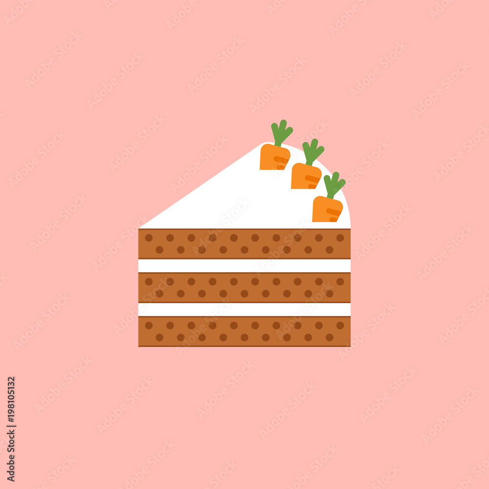 Carrot cake illustration in flat design with cute little carros isolated on pink background. Dessert icon for pastry shops and restaurants.