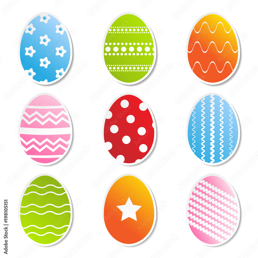 Flat design easter eggs with custom pattern and shadow isolated on white background. Abstract easter egg collection.